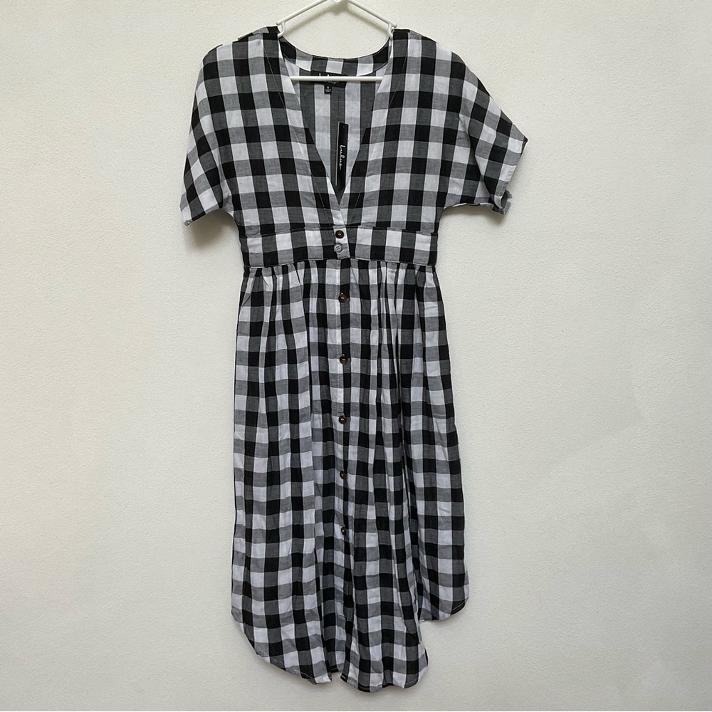 NWT Lulu's Checks Out Black, White Gingham Button Front Midi Dress Size Small